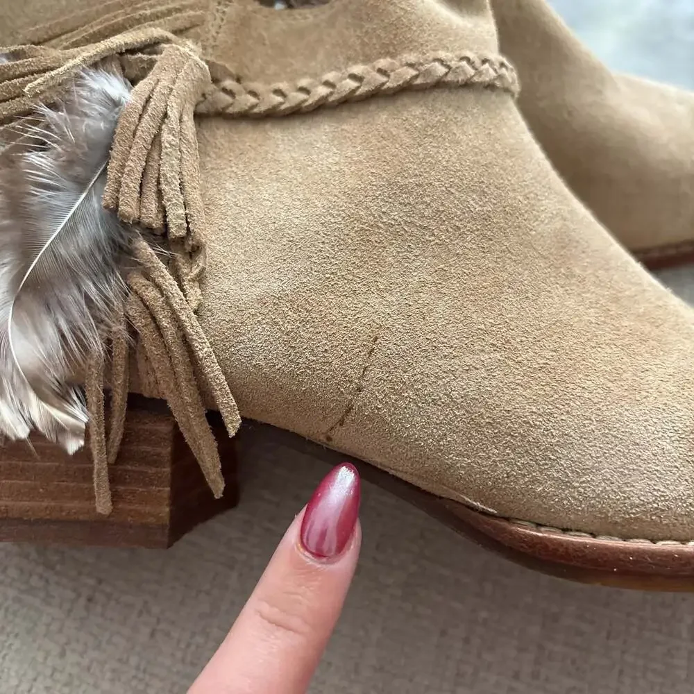 Gianni Bini Tan Suede Feathered Ankle Boot - Picture 2 of 7